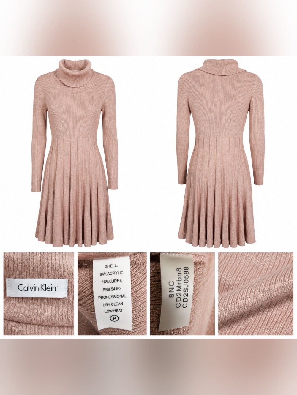 Calvin Klein Sweater Dress S Pink Metallic Ribbed Turtleneck Fit Flare Knit.